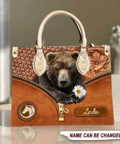 Cool Brown Bear Daisy Flower Personalized Leather Handbag