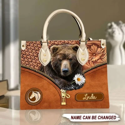 Cool Brown Bear Daisy Flower Personalized Leather Handbag