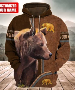 Personalized Name Brown Bear Leather Pattern All Over Printed Unisex Shirt Q250201