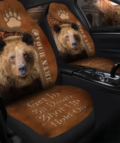 Personalized Name Cool Bear Leather Hold on Funny Car Seat Covers Universal Fit Set 2 Q261202