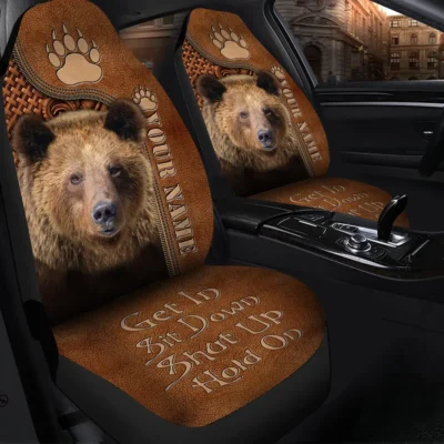 Personalized Name Cool Bear Leather Hold on Funny Car Seat Covers Universal Fit Set 2 Q261202